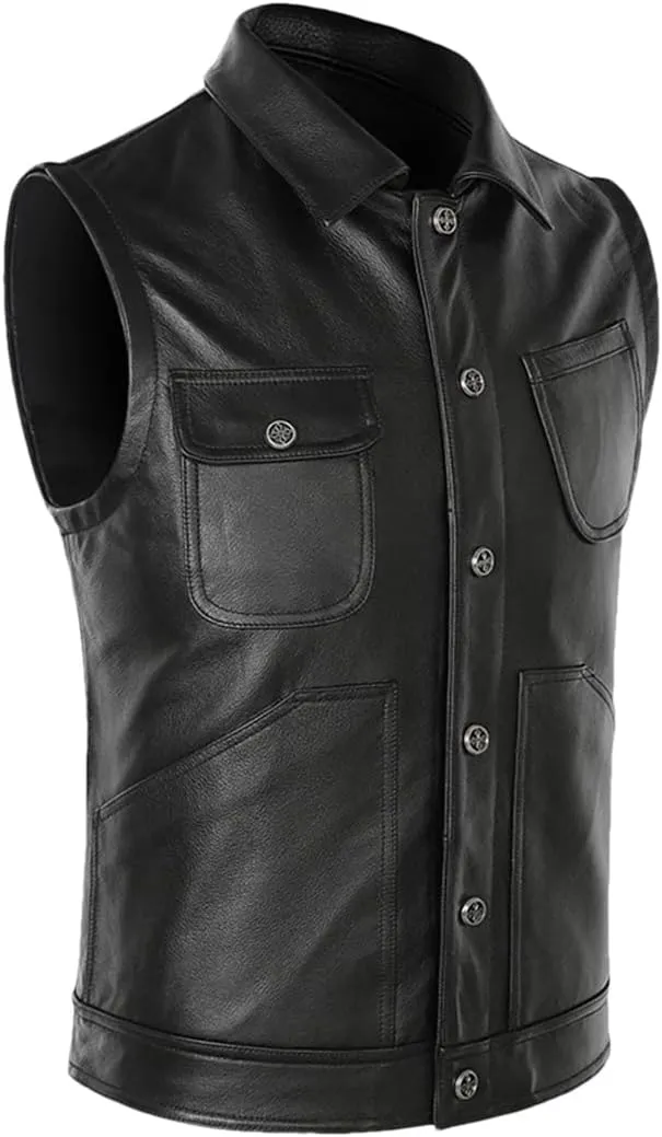 Men's Leather Motorcycle Biker Vest Genuine Leather Sleeveless Jackets Thick Leather Waistcoat