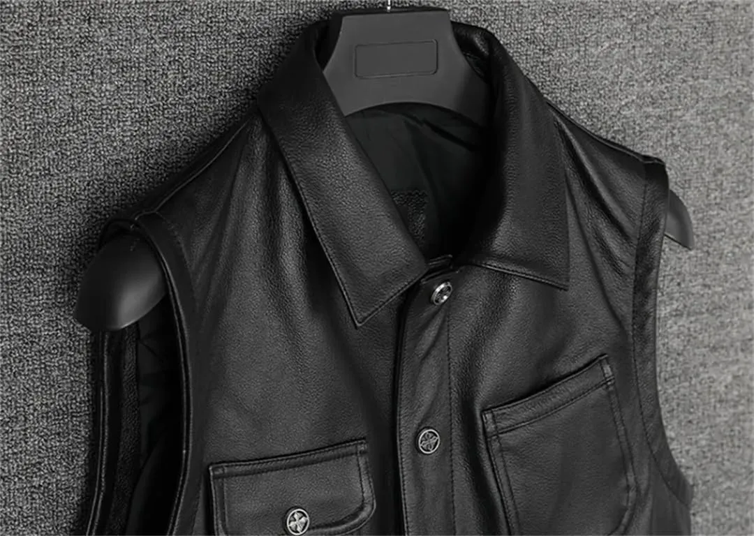 Men's Leather Motorcycle Biker Vest Genuine Leather Sleeveless Jackets Thick Leather Waistcoat