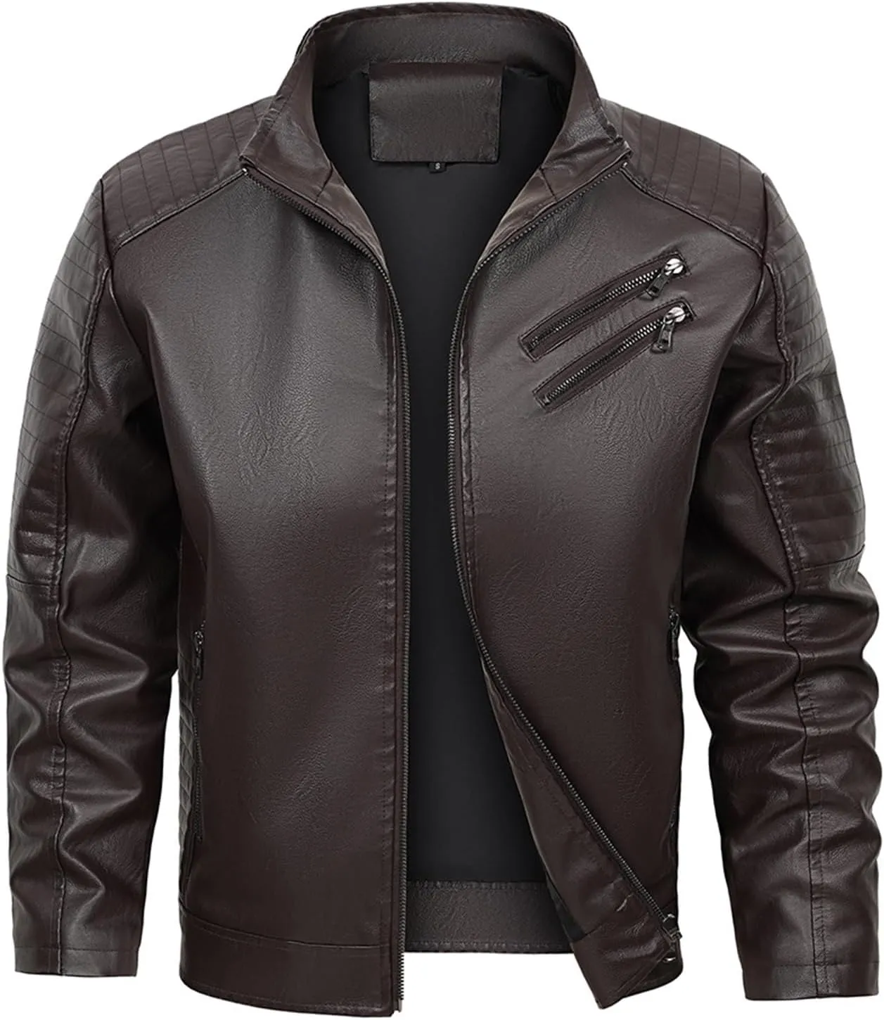 Mens Loose Solid Color Zip PU Leather Jacket Lightweight Lapel Motorcycle Biker Leather Jacket Leather Jacket Coats