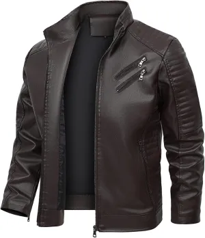 Mens Loose Solid Color Zip PU Leather Jacket Lightweight Lapel Motorcycle Biker Leather Jacket Leather Jacket Coats