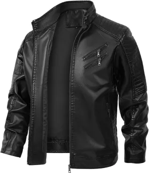 Mens Loose Solid Color Zip PU Leather Jacket Lightweight Lapel Motorcycle Biker Leather Jacket Leather Jacket Coats