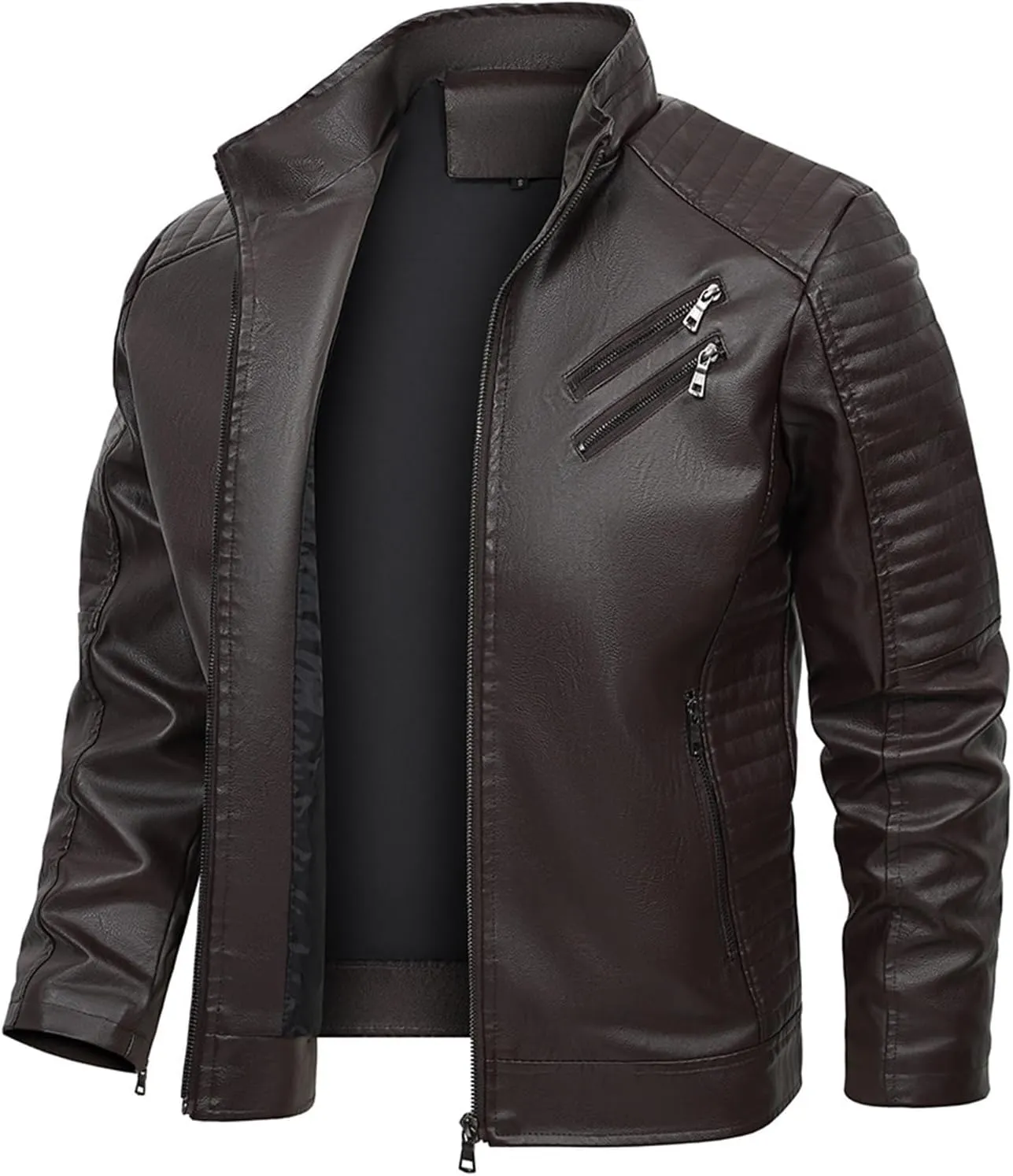 Mens Loose Solid Color Zip PU Leather Jacket Lightweight Lapel Motorcycle Biker Leather Jacket Leather Jacket Coats