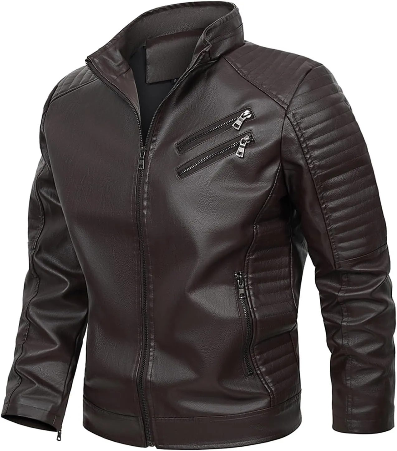 Mens Loose Solid Color Zip PU Leather Jacket Lightweight Lapel Motorcycle Biker Leather Jacket Leather Jacket Coats