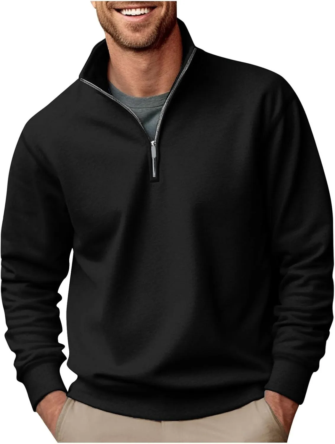 Men's Quarter Zip Pullover Loose Fit Mock Neck Long Sleeve Sweatshirt Solid Casual Lightweight Polo Sweaters