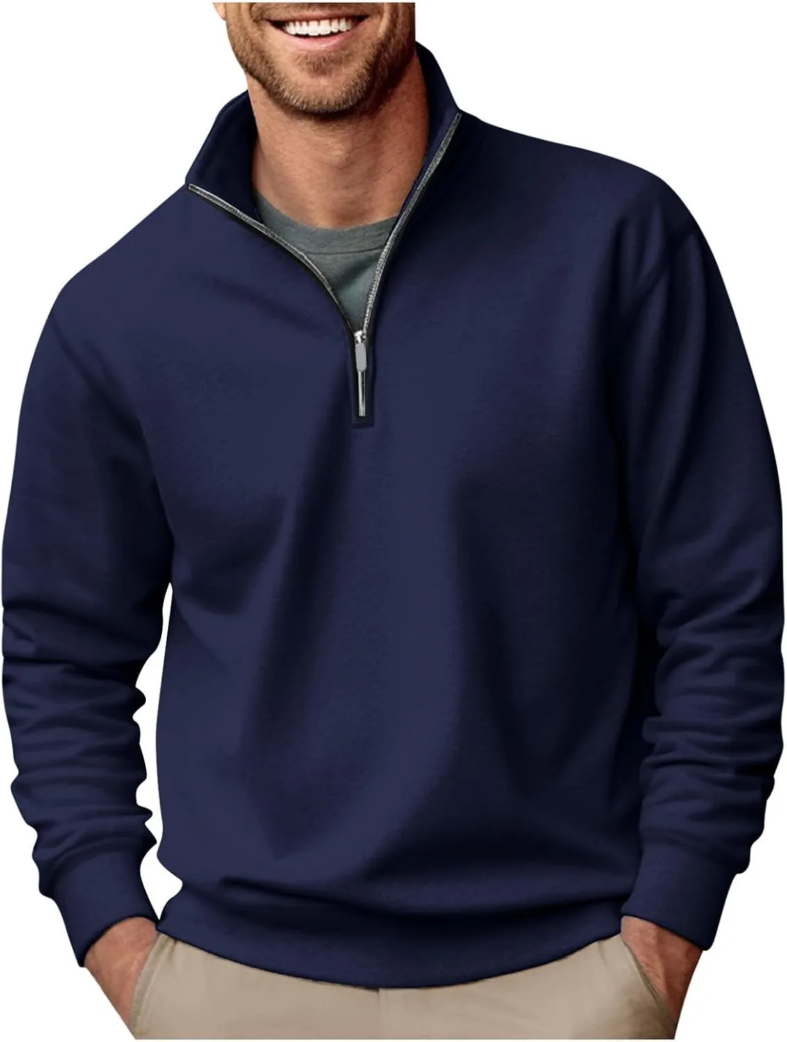 Men's Quarter Zip Pullover Loose Fit Mock Neck Long Sleeve Sweatshirt Solid Casual Lightweight Polo Sweaters