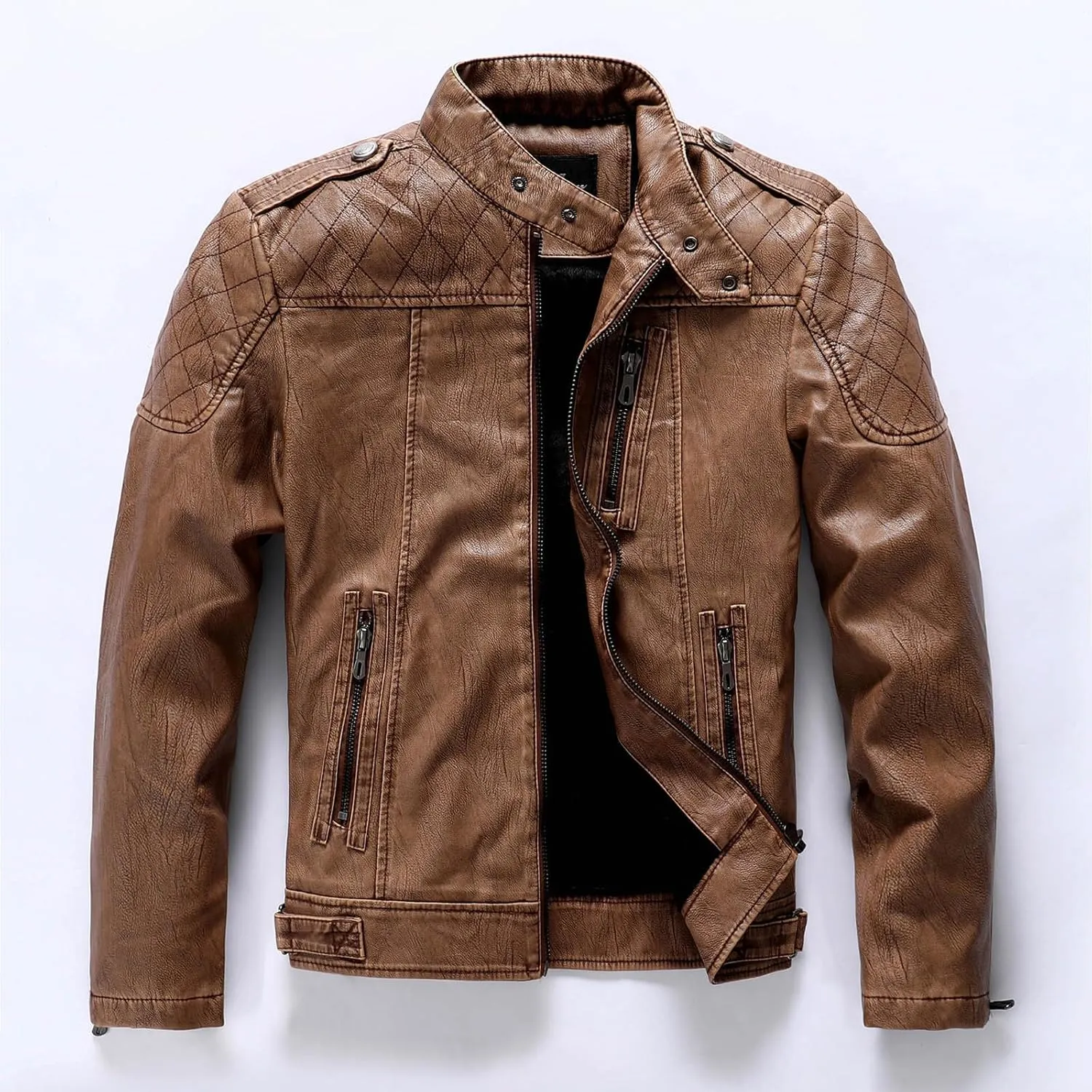 Mens Stand Collar Leather Jacket Motorcycle Lightweight Leather Jackets Men Faux Leather Bomber Casual Zipper Outwear