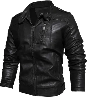 Mens Stand Collar Leather Jacket Motorcycle Lightweight Leather Jackets Men Faux Leather Bomber Casual Zipper Outwear