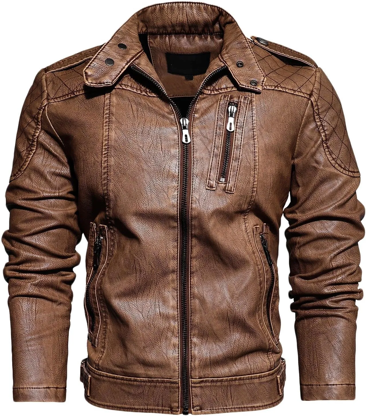 Mens Stand Collar Leather Jacket Motorcycle Lightweight Leather Jackets Men Faux Leather Bomber Casual Zipper Outwear
