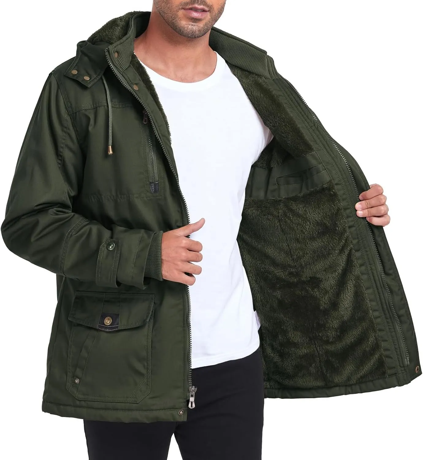 Men's Washed Cotton Hooded Military Jackets Fleece Lined Windbreaker Hooded Jackets Fall Winter Softshell Hiking Golf Jackets