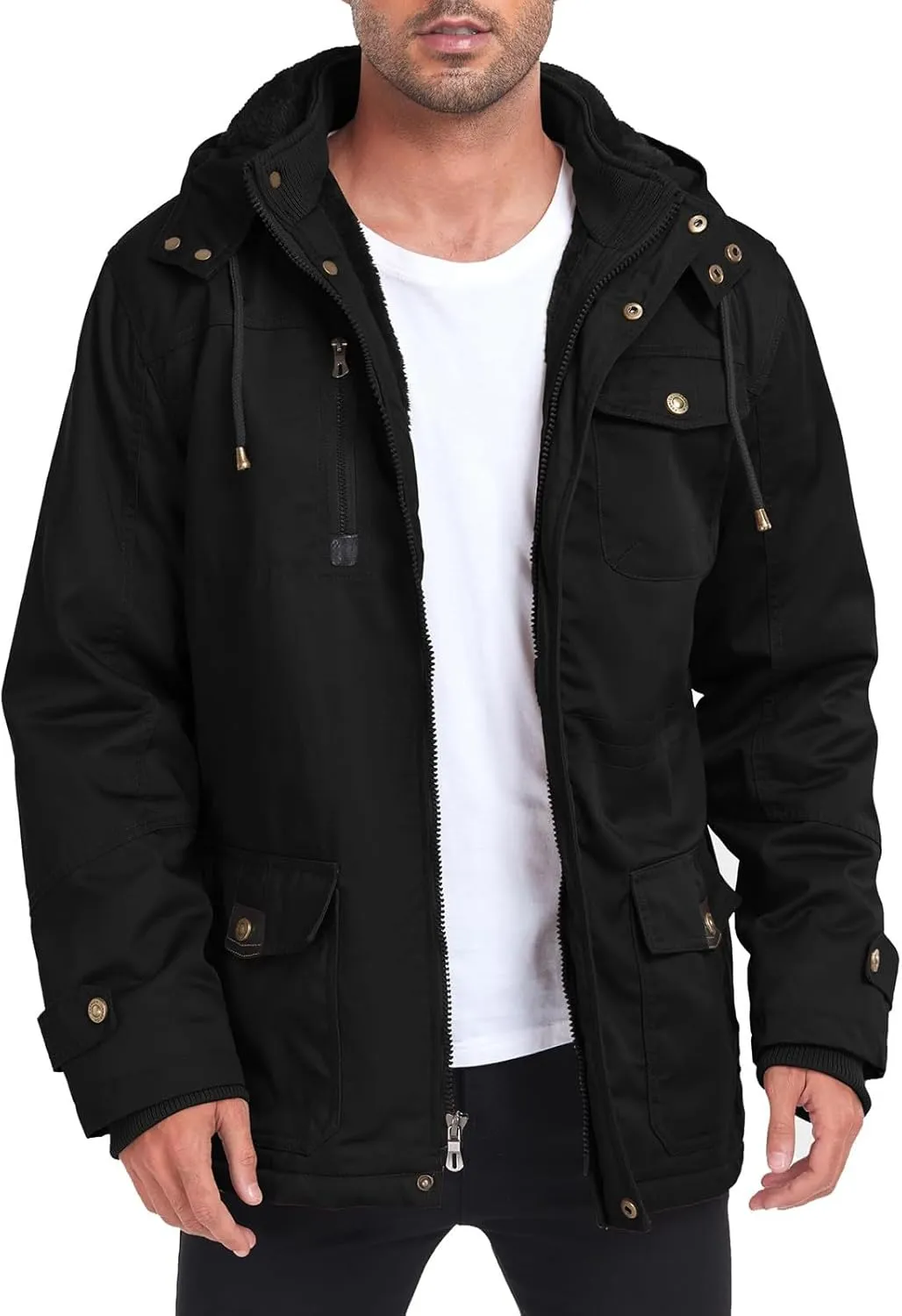 Men's Washed Cotton Hooded Military Jackets Fleece Lined Windbreaker Hooded Jackets Fall Winter Softshell Hiking Golf Jackets