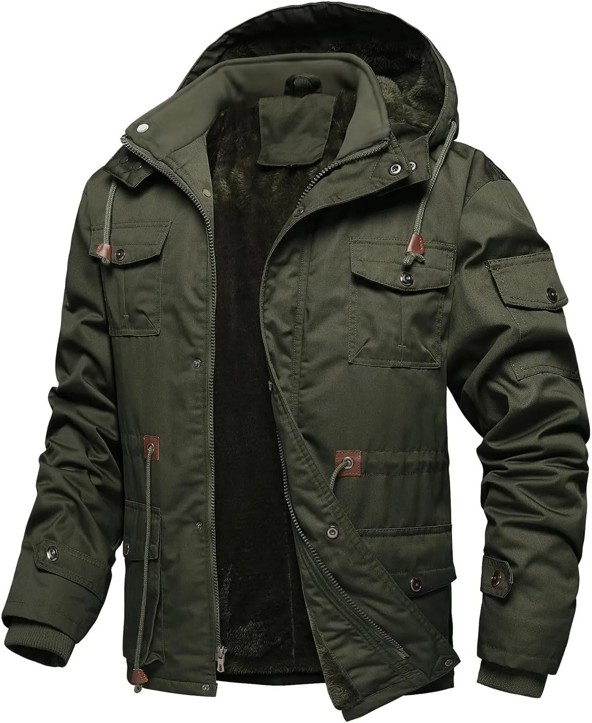 Men's Washed Cotton Hooded Military Jackets Fleece Lined Windbreaker Hooded Jackets Fall Winter Softshell Hiking Golf Jackets