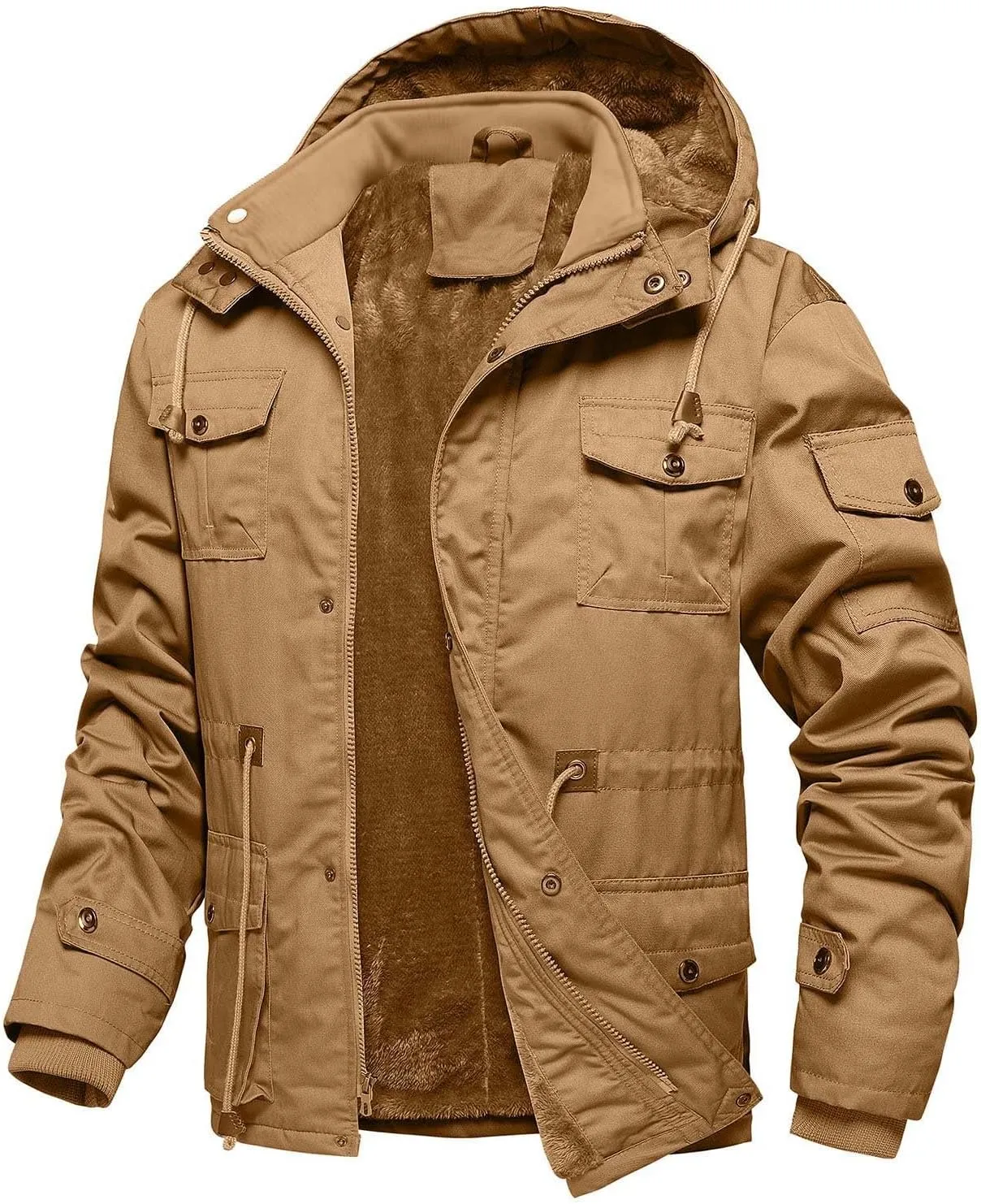 Men's Washed Cotton Hooded Military Jackets Fleece Lined Windbreaker Hooded Jackets Fall Winter Softshell Hiking Golf Jackets