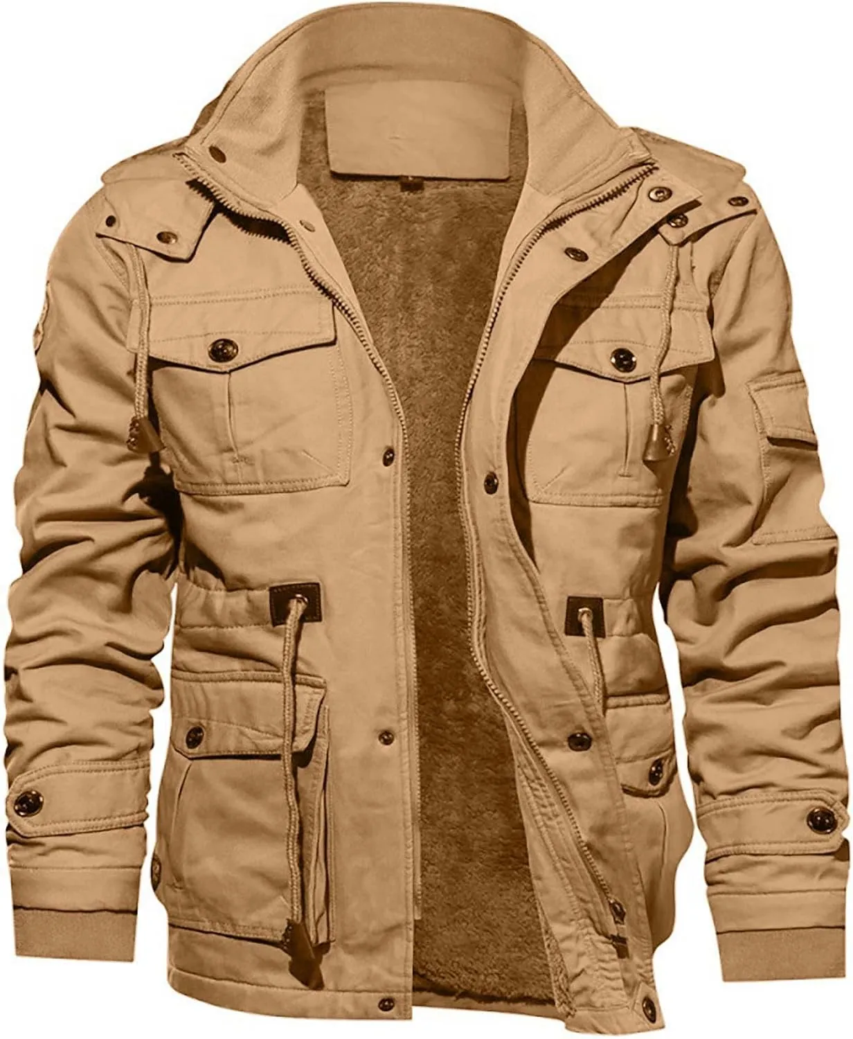 Men's Washed Cotton Hooded Military Jackets Fleece Lined Windbreaker Hooded Jackets Fall Winter Softshell Hiking Golf Jackets