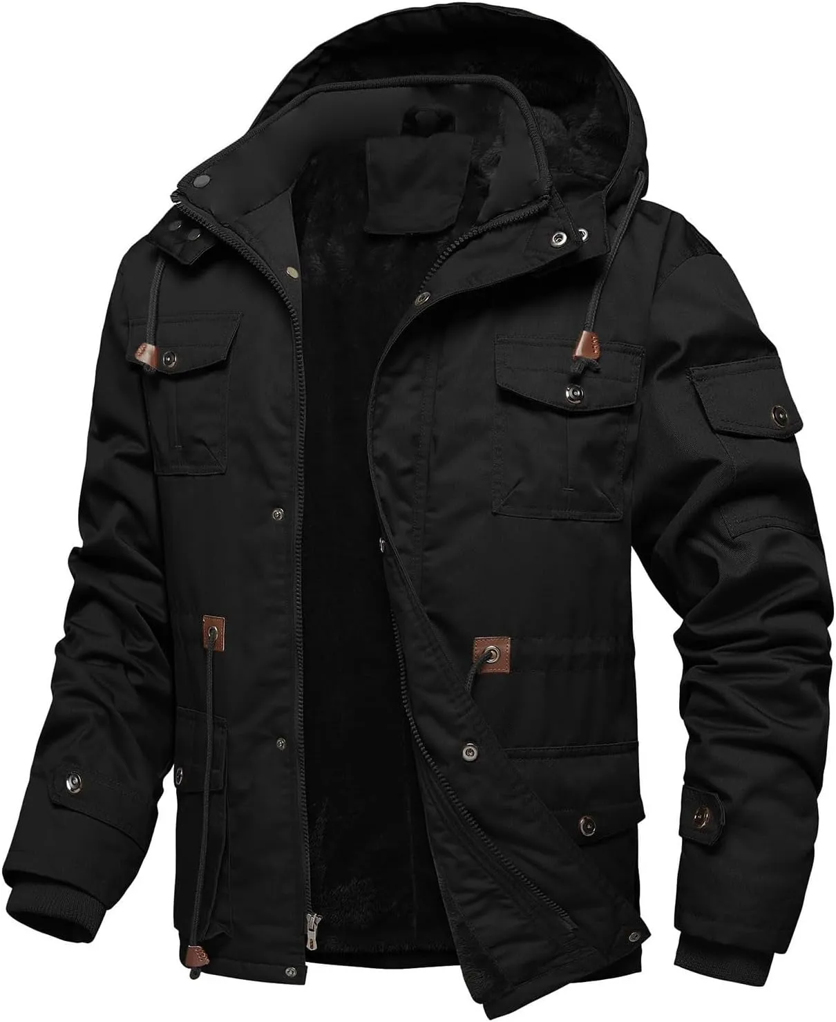 Men's Washed Cotton Hooded Military Jackets Fleece Lined Windbreaker Hooded Jackets Fall Winter Softshell Hiking Golf Jackets