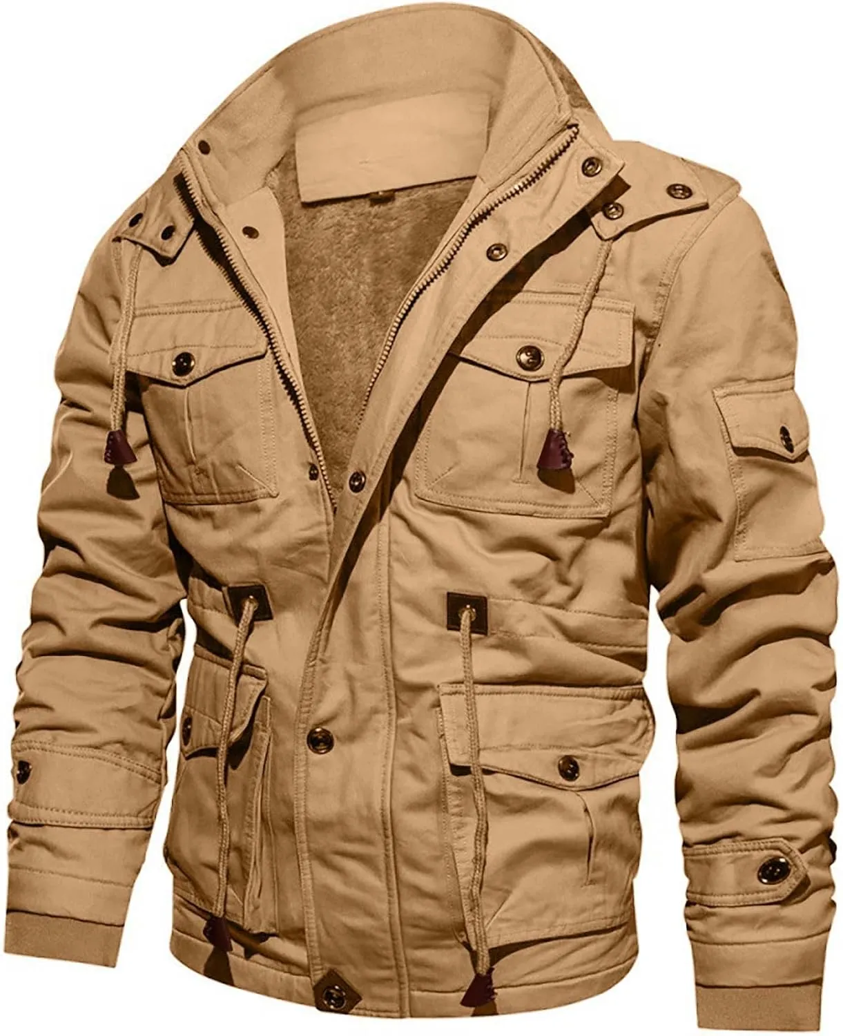 Men's Washed Cotton Hooded Military Jackets Fleece Lined Windbreaker Hooded Jackets Fall Winter Softshell Hiking Golf Jackets