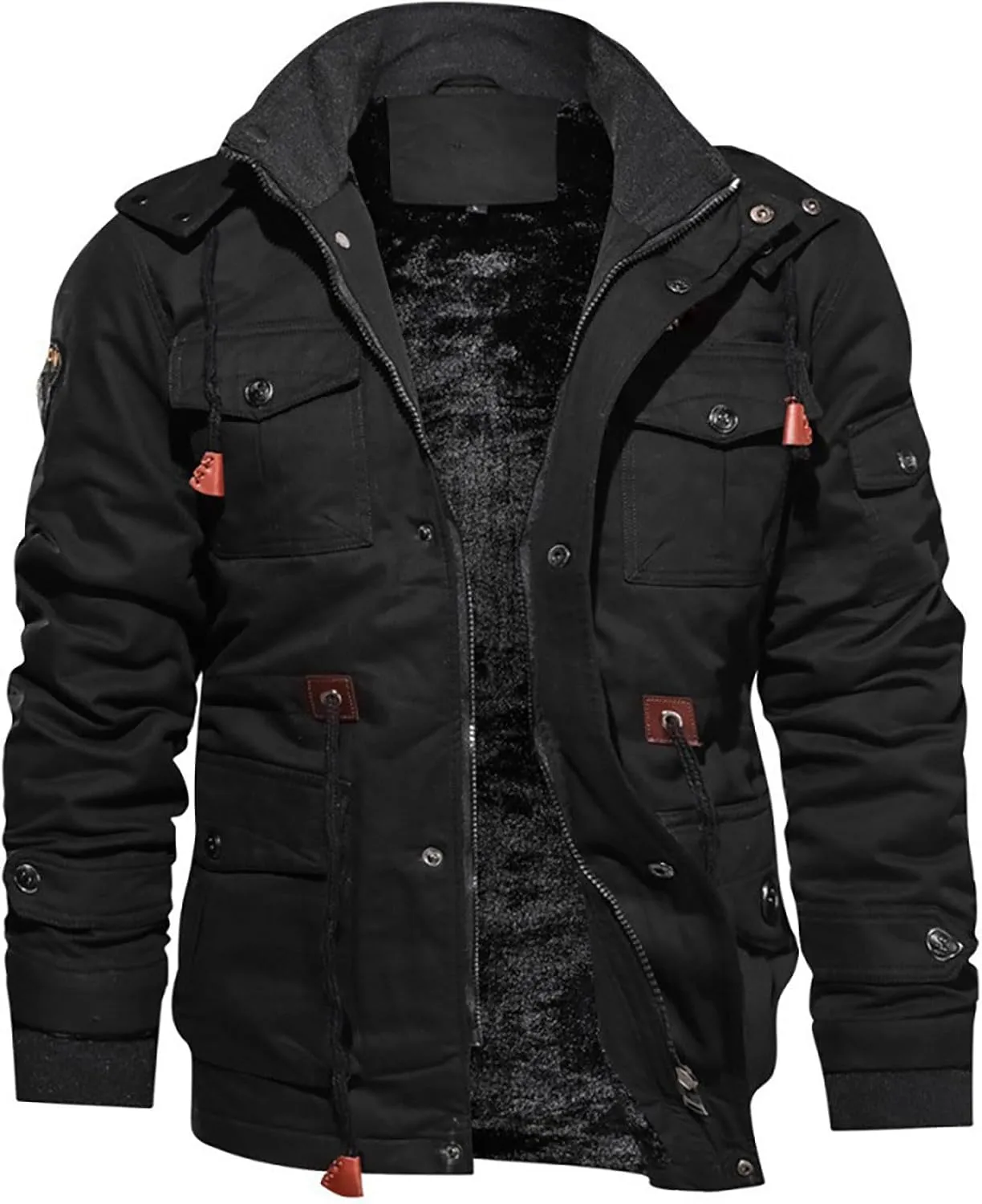 Men's Washed Cotton Hooded Military Jackets Fleece Lined Windbreaker Hooded Jackets Fall Winter Softshell Hiking Golf Jackets