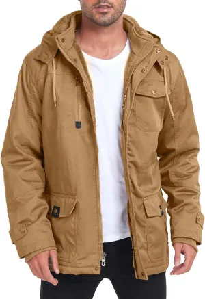 Men's Washed Cotton Hooded Military Jackets Fleece Lined Windbreaker Hooded Jackets Fall Winter Softshell Hiking Golf Jackets