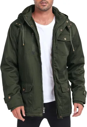 Men's Washed Cotton Hooded Military Jackets Fleece Lined Windbreaker Hooded Jackets Fall Winter Softshell Hiking Golf Jackets