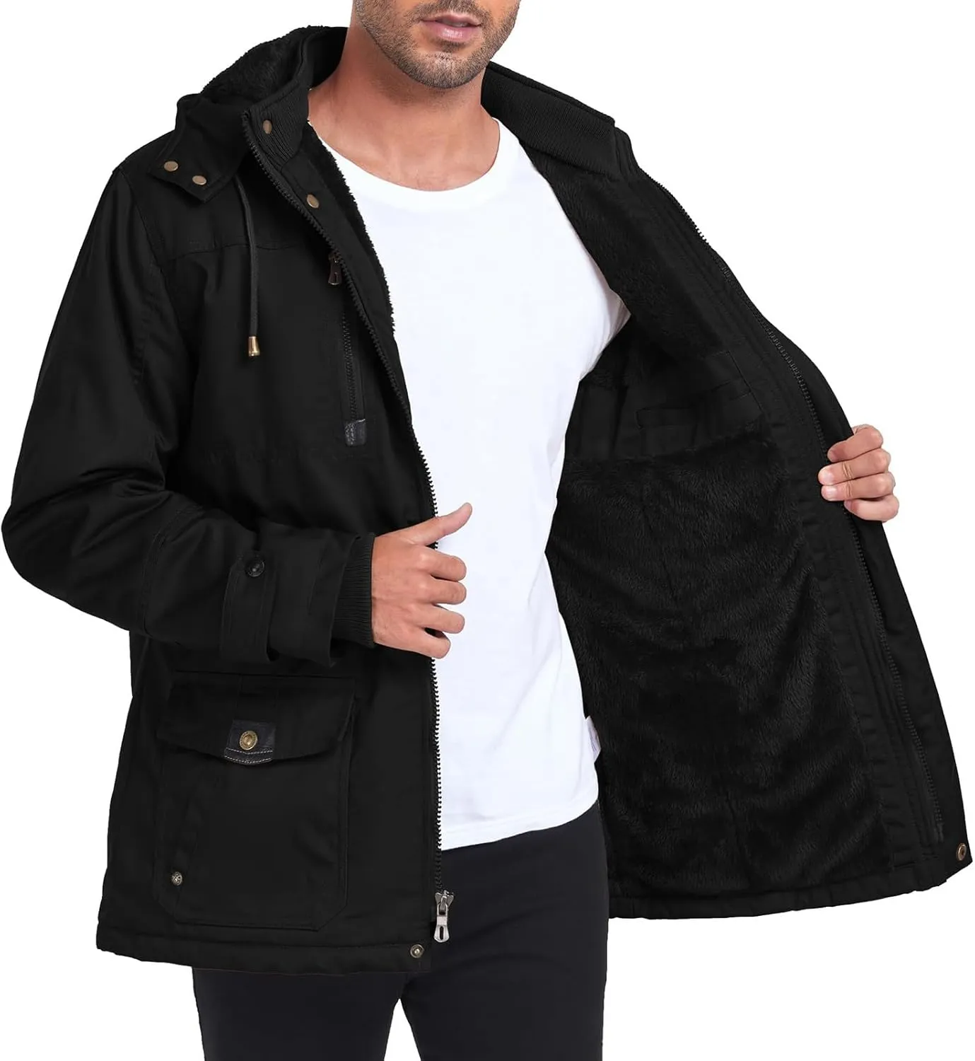 Men's Washed Cotton Hooded Military Jackets Fleece Lined Windbreaker Hooded Jackets Fall Winter Softshell Hiking Golf Jackets