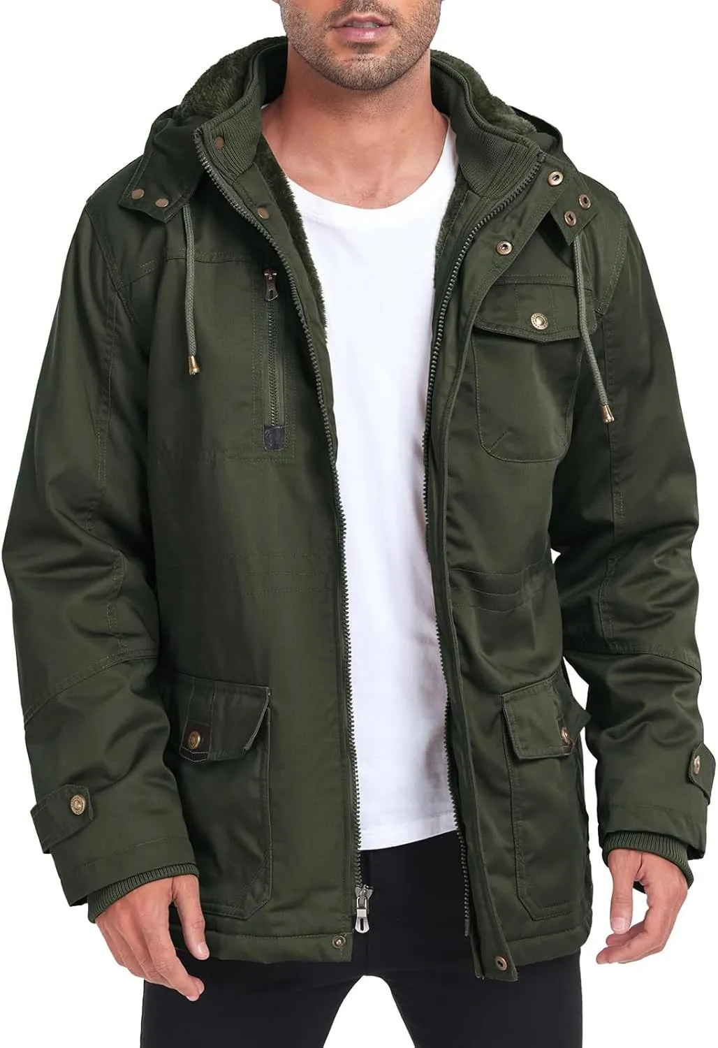 Men's Washed Cotton Hooded Military Jackets Fleece Lined Windbreaker Hooded Jackets Fall Winter Softshell Hiking Golf Jackets