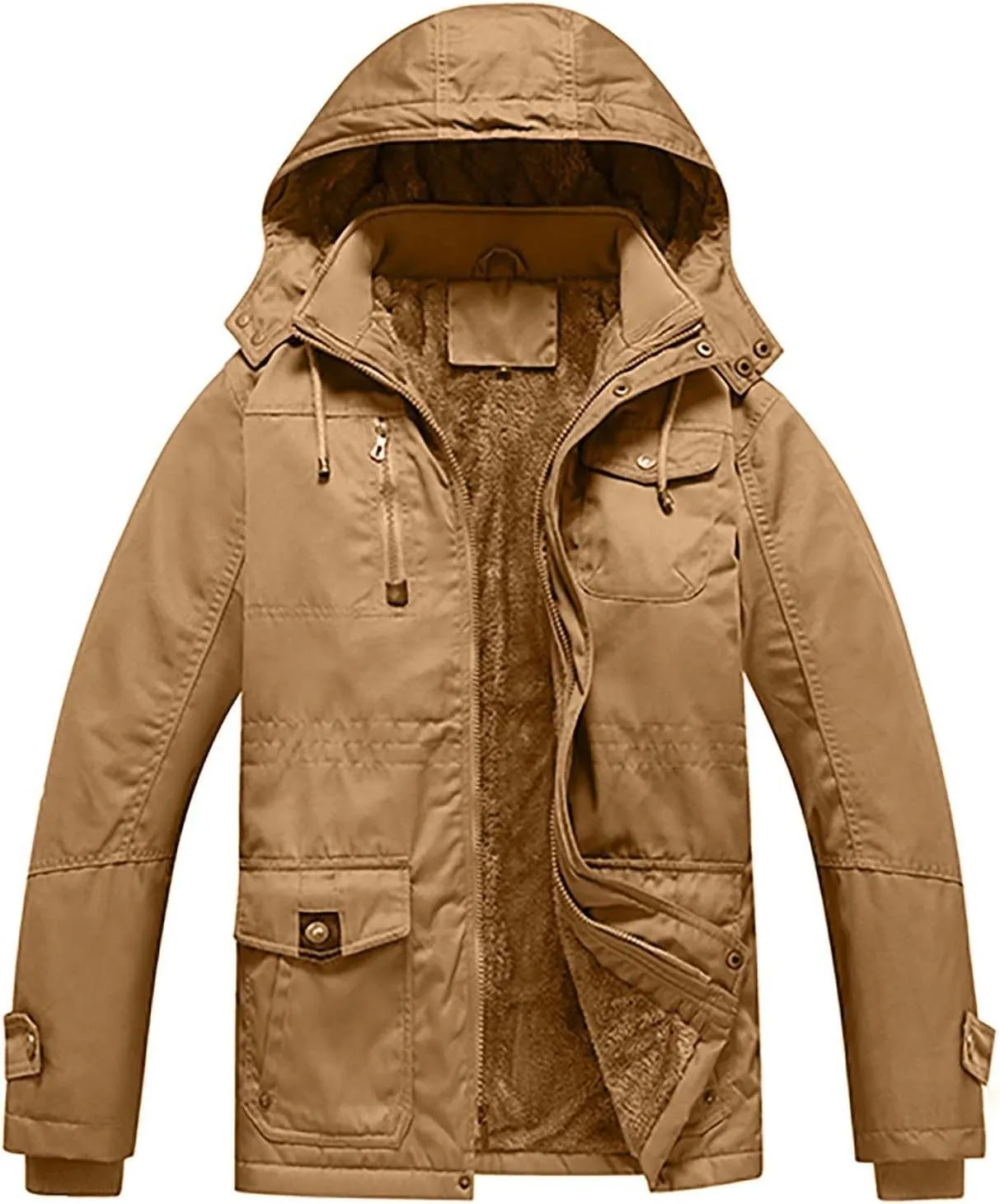 Men's Washed Cotton Hooded Military Jackets Fleece Lined Windbreaker Hooded Jackets Fall Winter Softshell Hiking Golf Jackets