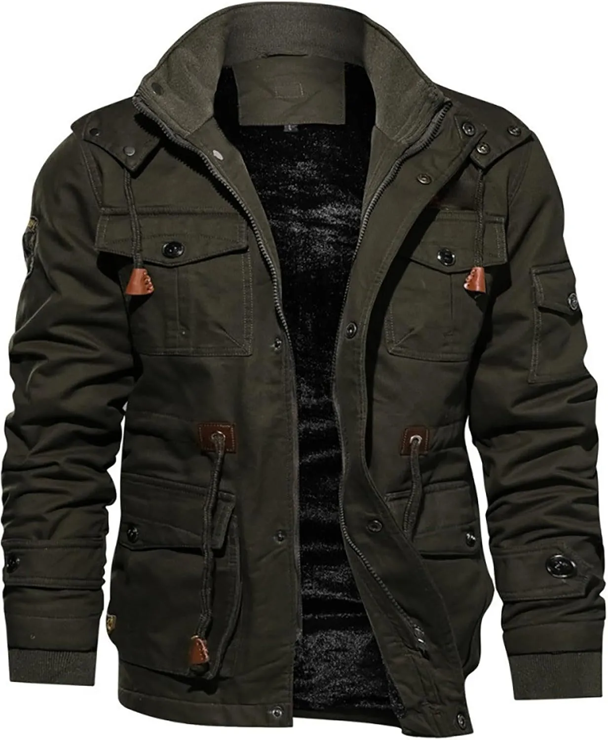 Men's Washed Cotton Hooded Military Jackets Fleece Lined Windbreaker Hooded Jackets Fall Winter Softshell Hiking Golf Jackets