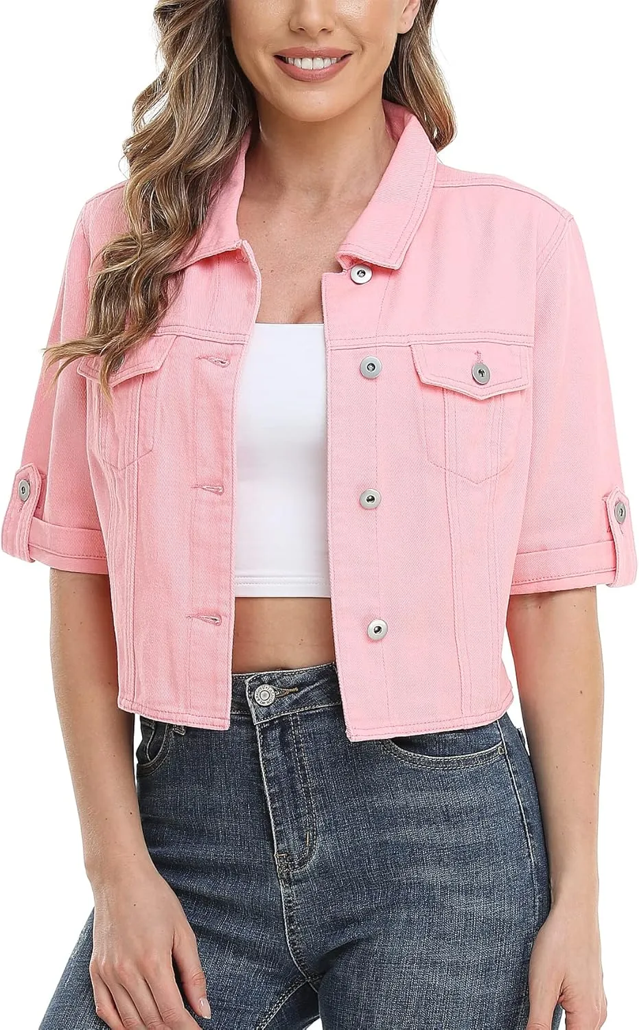 MISS MOLY Women's Cropped Denim Jackets Summer Short Sleeve Classic Casual Jean Jackets