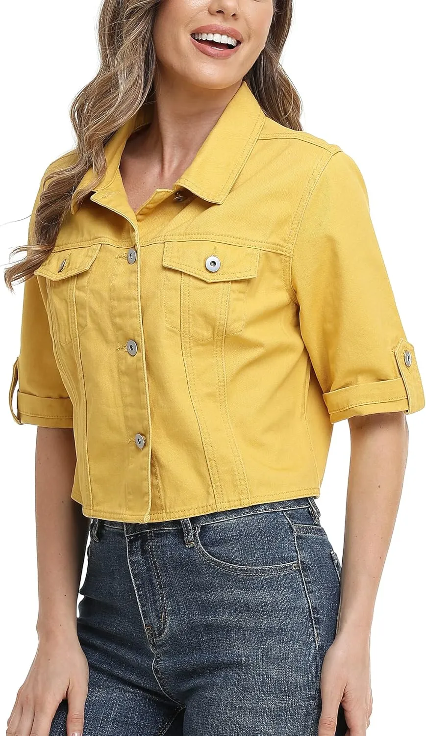 MISS MOLY Women's Cropped Denim Jackets Summer Short Sleeve Classic Casual Jean Jackets