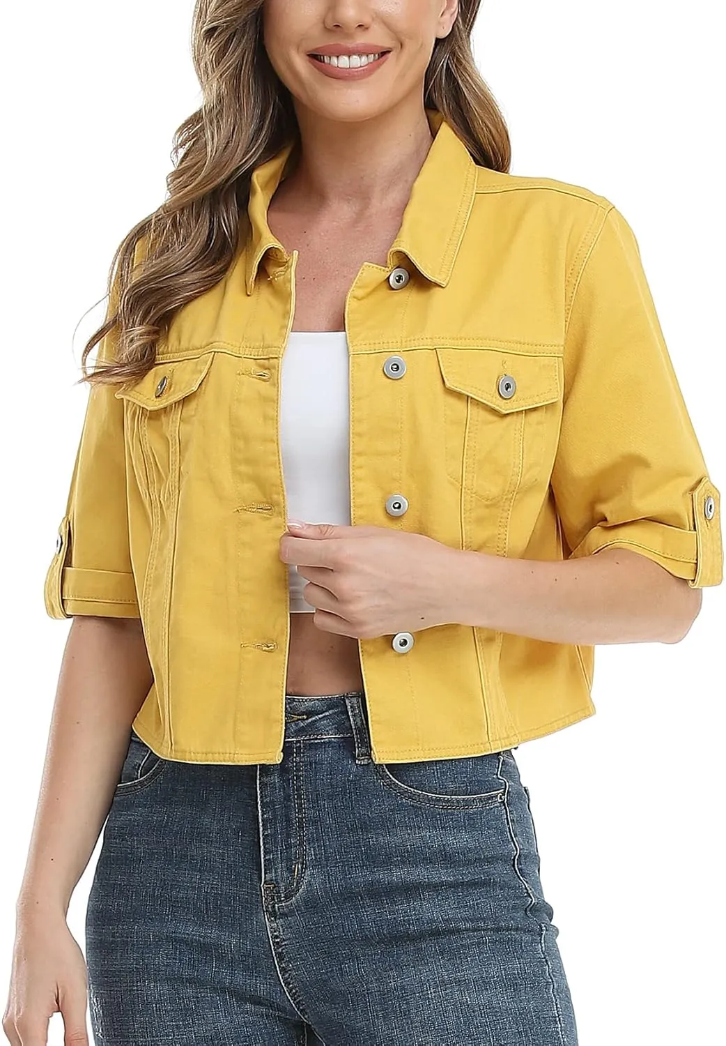 MISS MOLY Women's Cropped Denim Jackets Summer Short Sleeve Classic Casual Jean Jackets