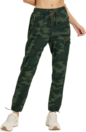 MOURCE Womens Hiking Pants Light Weight Quick Dry Elastic High Waist Cargo Joggers with 4 Zippered Pockets