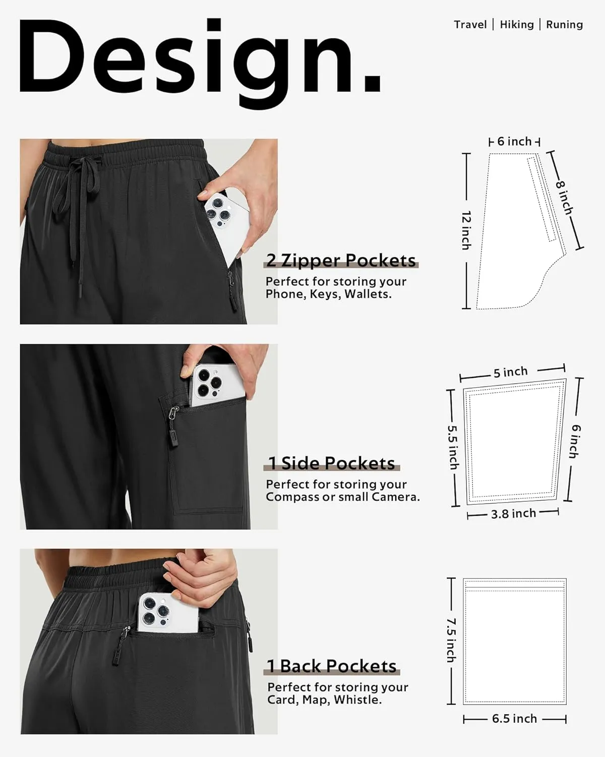 MOURCE Womens Hiking Pants Light Weight Quick Dry Elastic High Waist Cargo Joggers with 4 Zippered Pockets