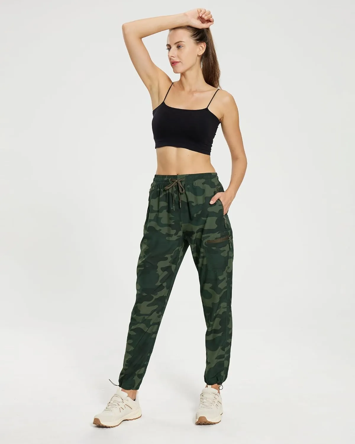 MOURCE Womens Hiking Pants Light Weight Quick Dry Elastic High Waist Cargo Joggers with 4 Zippered Pockets