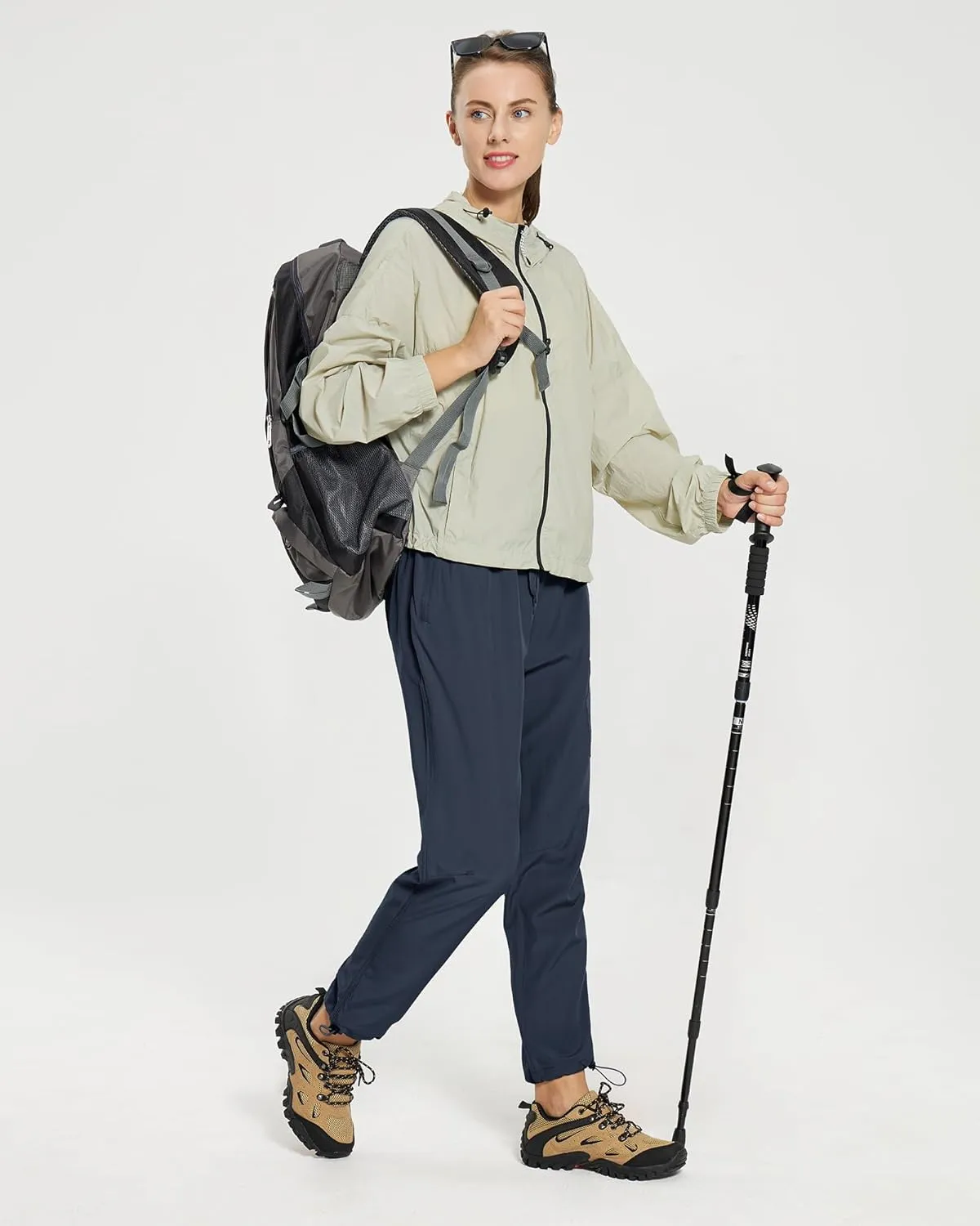 MOURCE Womens Hiking Pants Light Weight Quick Dry Elastic High Waist Cargo Joggers with 4 Zippered Pockets