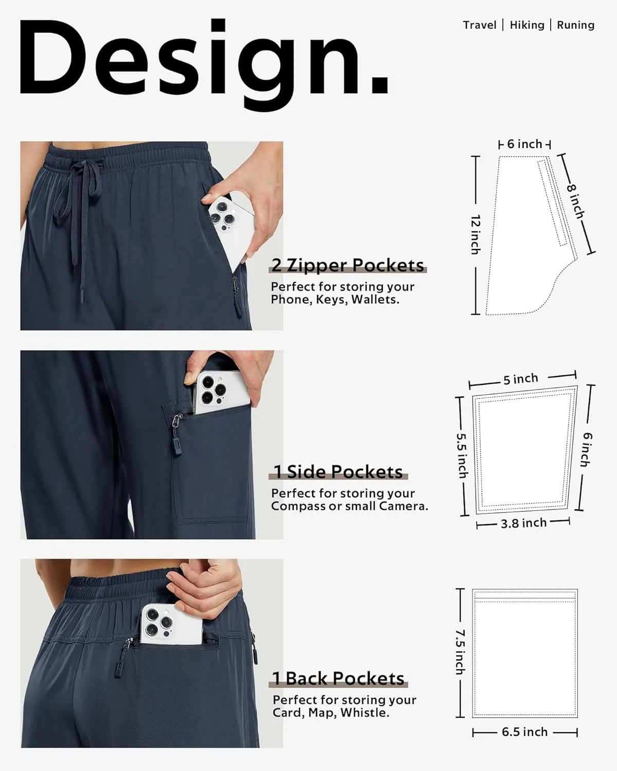 MOURCE Womens Hiking Pants Light Weight Quick Dry Elastic High Waist Cargo Joggers with 4 Zippered Pockets