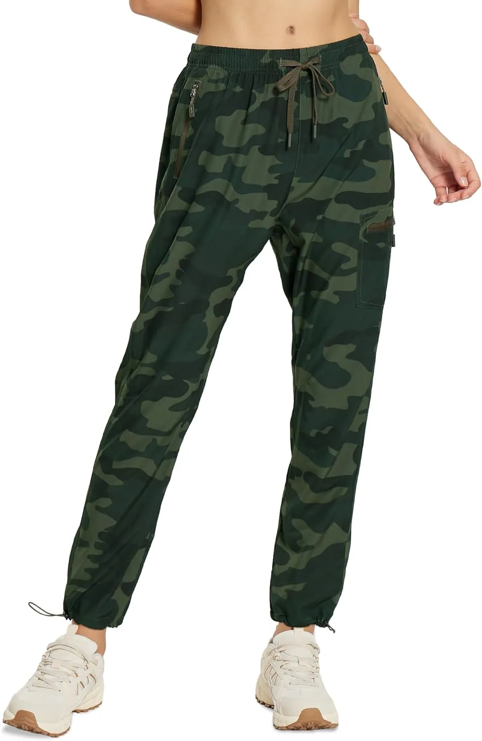 MOURCE Womens Hiking Pants Light Weight Quick Dry Elastic High Waist Cargo Joggers with 4 Zippered Pockets