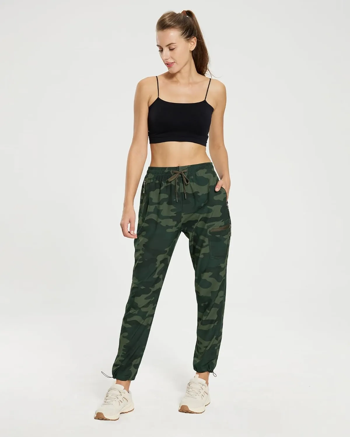MOURCE Womens Hiking Pants Light Weight Quick Dry Elastic High Waist Cargo Joggers with 4 Zippered Pockets