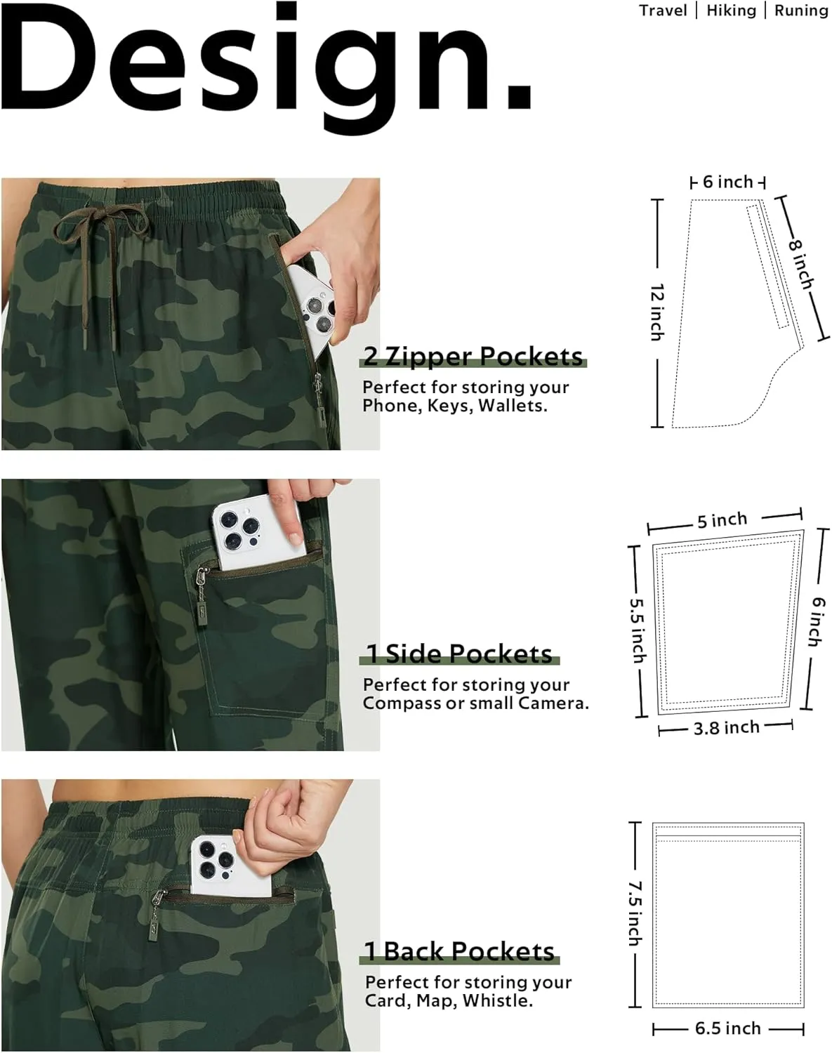 MOURCE Womens Hiking Pants Light Weight Quick Dry Elastic High Waist Cargo Joggers with 4 Zippered Pockets