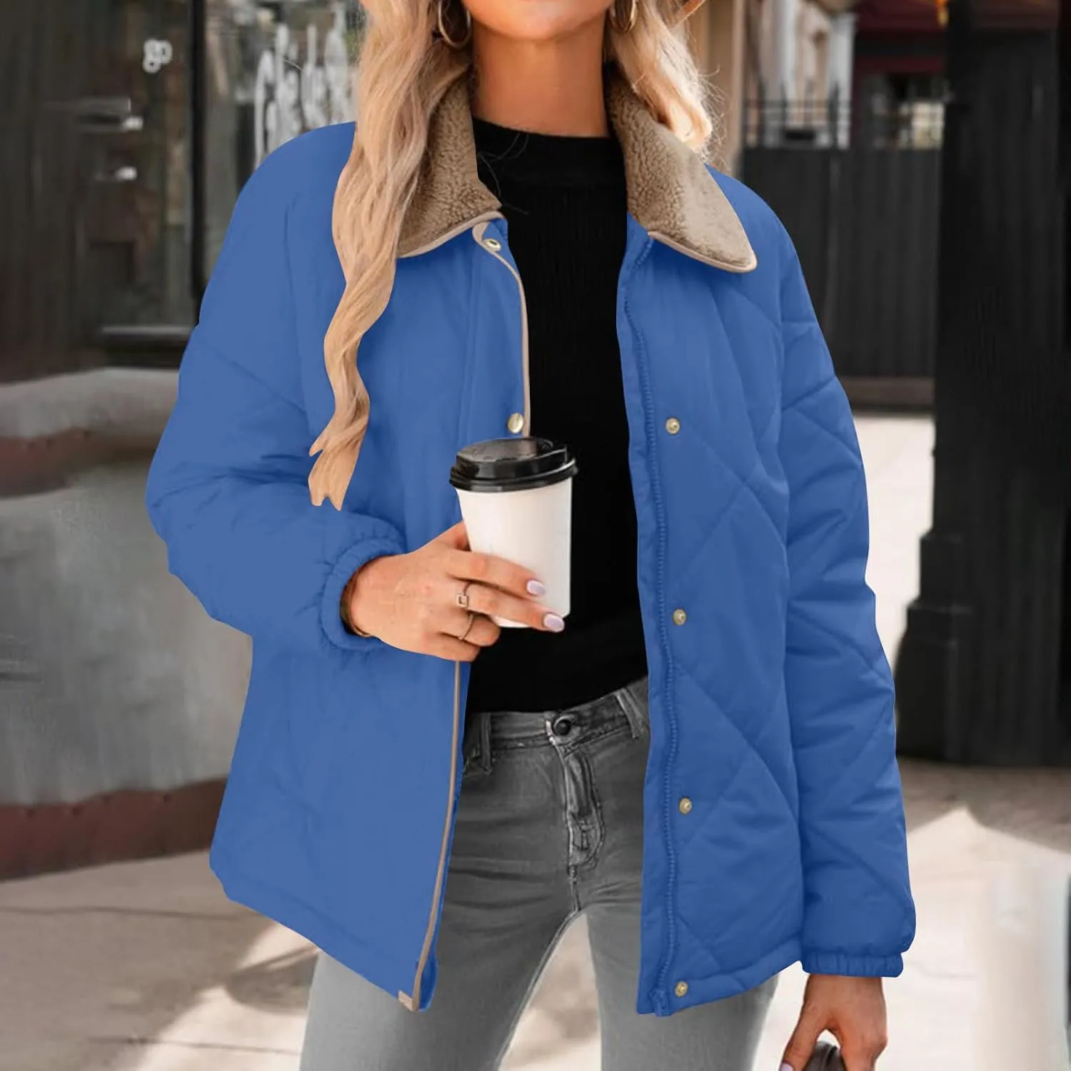 NATHGAM Women's Winter Casual Quilted Jackets Lightweight Warm Puffer Jacket Thermal Lapel Button Padded Down Coat Outerwear