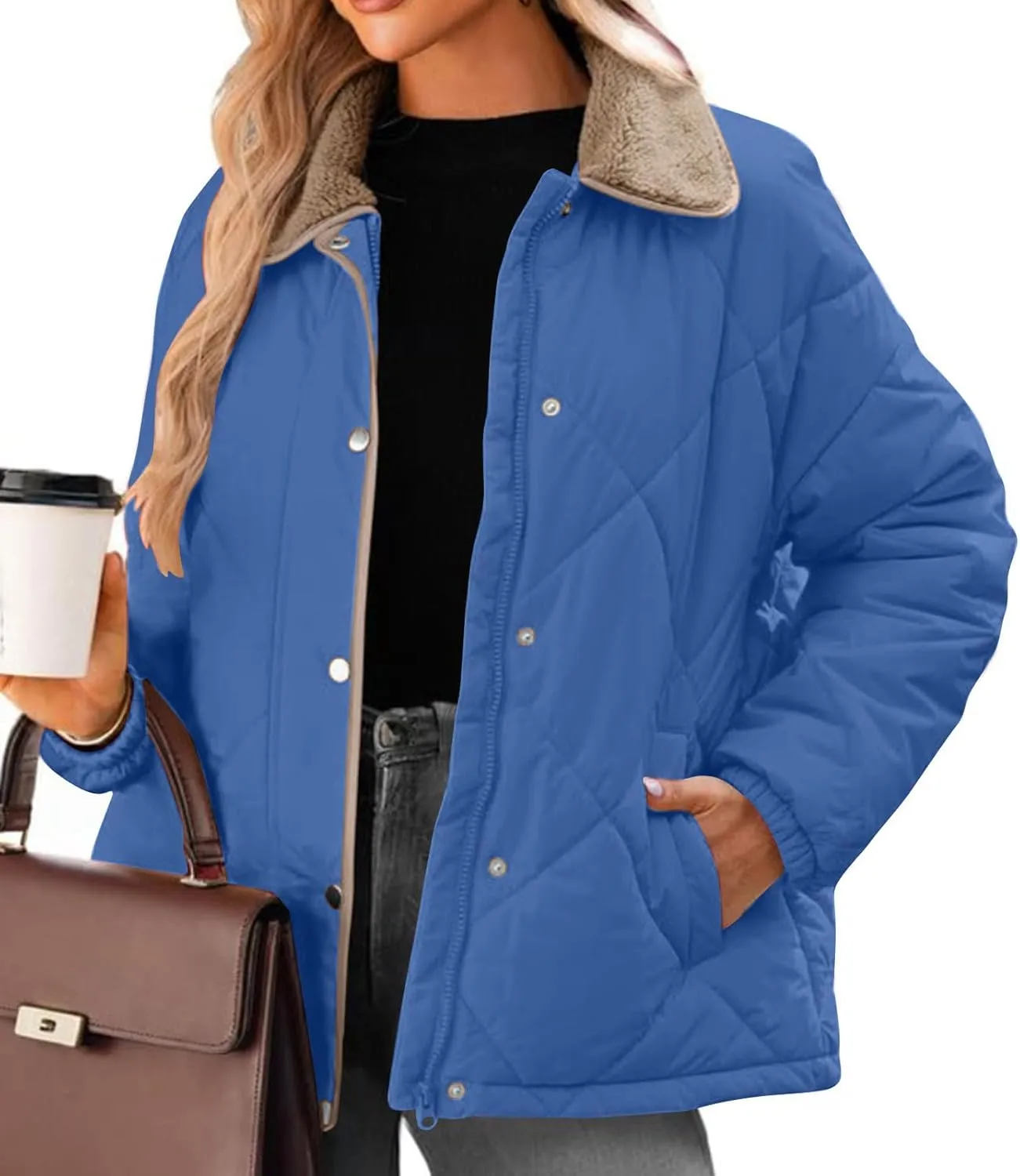 NATHGAM Women's Winter Casual Quilted Jackets Lightweight Warm Puffer Jacket Thermal Lapel Button Padded Down Coat Outerwear
