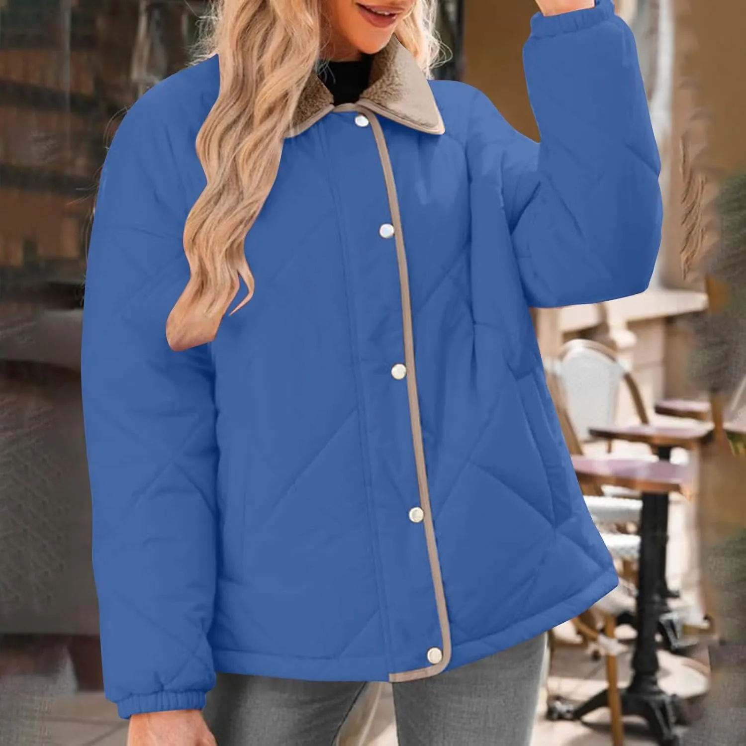 NATHGAM Women's Winter Casual Quilted Jackets Lightweight Warm Puffer Jacket Thermal Lapel Button Padded Down Coat Outerwear