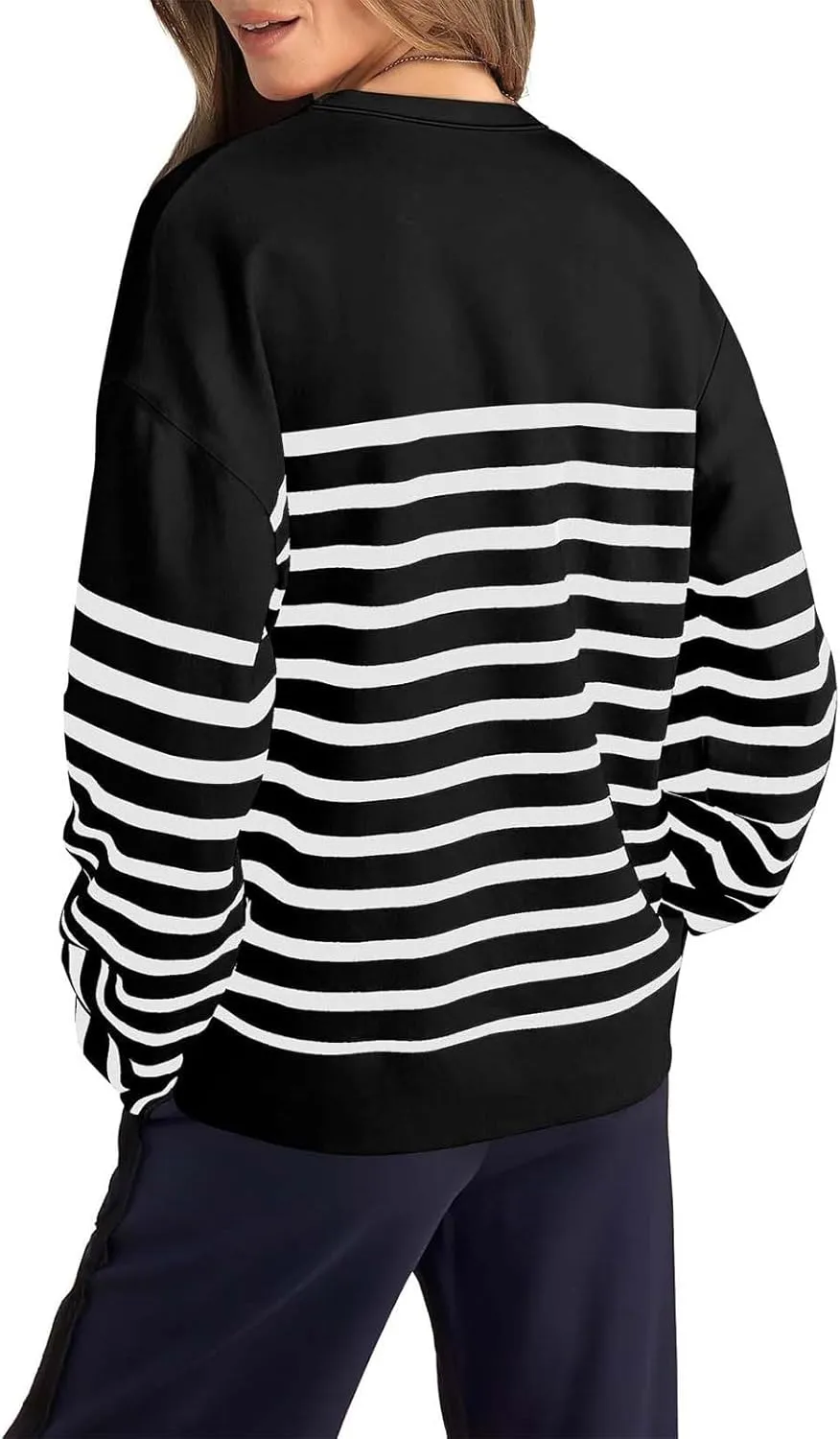 Navy Blue and White Sweater Women Sweatshirt Crewneck Long Sleeve Striped Tops Lightweight Fashion 2024