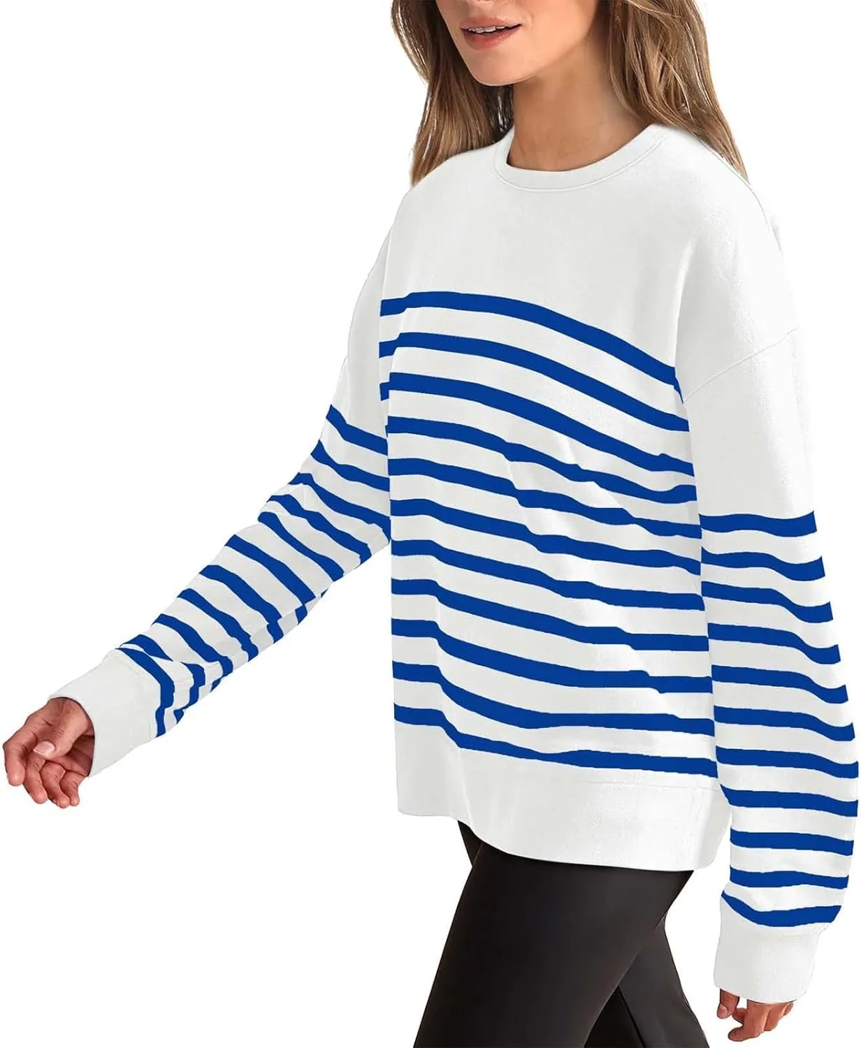 Navy Blue and White Sweater Women Sweatshirt Crewneck Long Sleeve Striped Tops Lightweight Fashion 2024