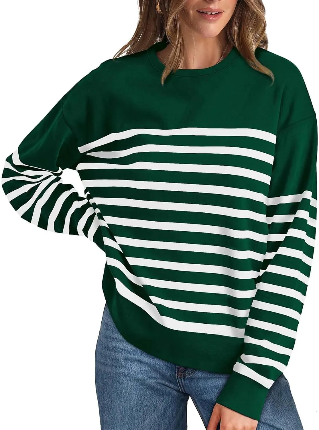 Navy Blue and White Sweater Women Sweatshirt Crewneck Long Sleeve Striped Tops Lightweight Fashion 2024