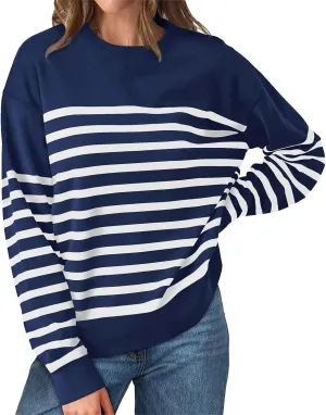 Navy Blue and White Sweater Women Sweatshirt Crewneck Long Sleeve Striped Tops Lightweight Fashion 2024