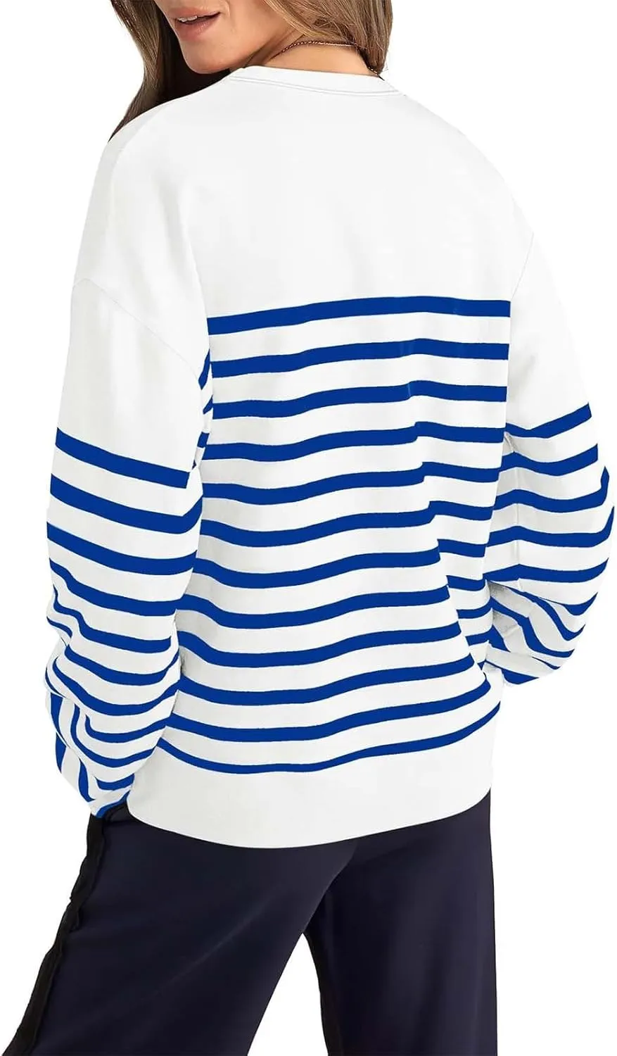 Navy Blue and White Sweater Women Sweatshirt Crewneck Long Sleeve Striped Tops Lightweight Fashion 2024