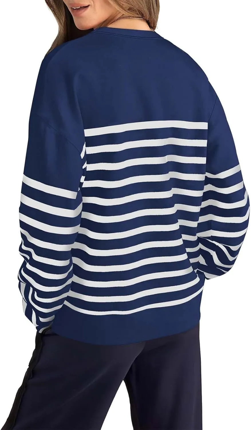 Navy Blue and White Sweater Women Sweatshirt Crewneck Long Sleeve Striped Tops Lightweight Fashion 2024