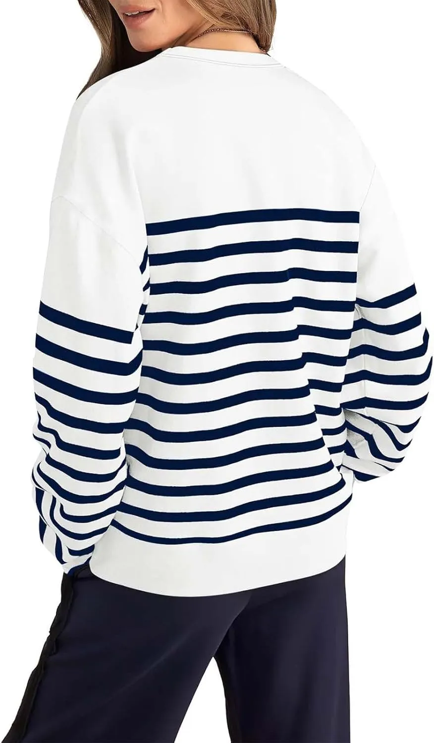 Navy Blue and White Sweater Women Sweatshirt Crewneck Long Sleeve Striped Tops Lightweight Fashion 2024
