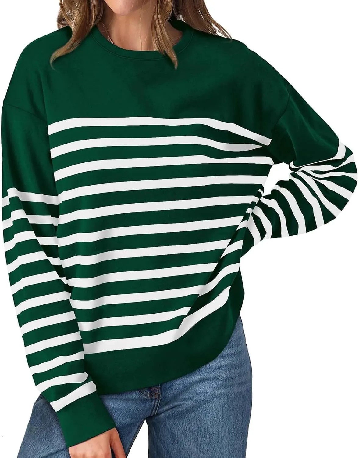 Navy Blue and White Sweater Women Sweatshirt Crewneck Long Sleeve Striped Tops Lightweight Fashion 2024