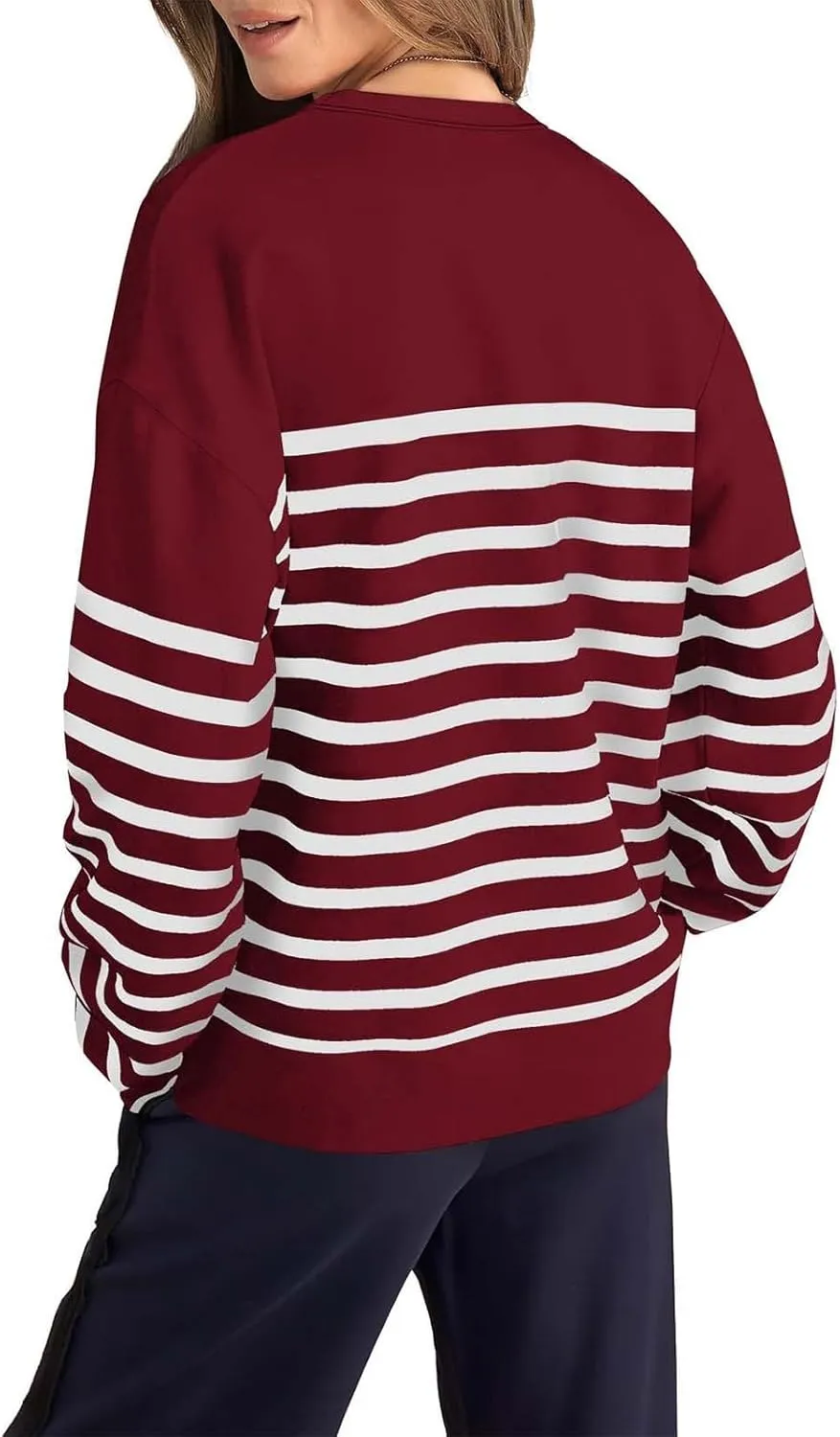Navy Blue and White Sweater Women Sweatshirt Crewneck Long Sleeve Striped Tops Lightweight Fashion 2024