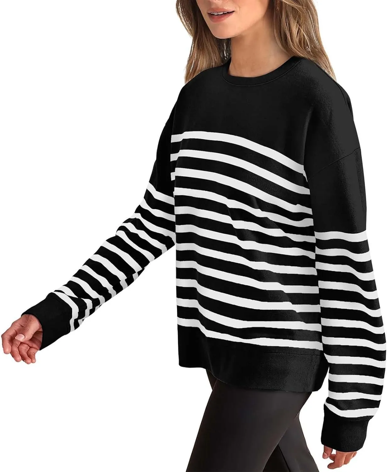 Navy Blue and White Sweater Women Sweatshirt Crewneck Long Sleeve Striped Tops Lightweight Fashion 2024